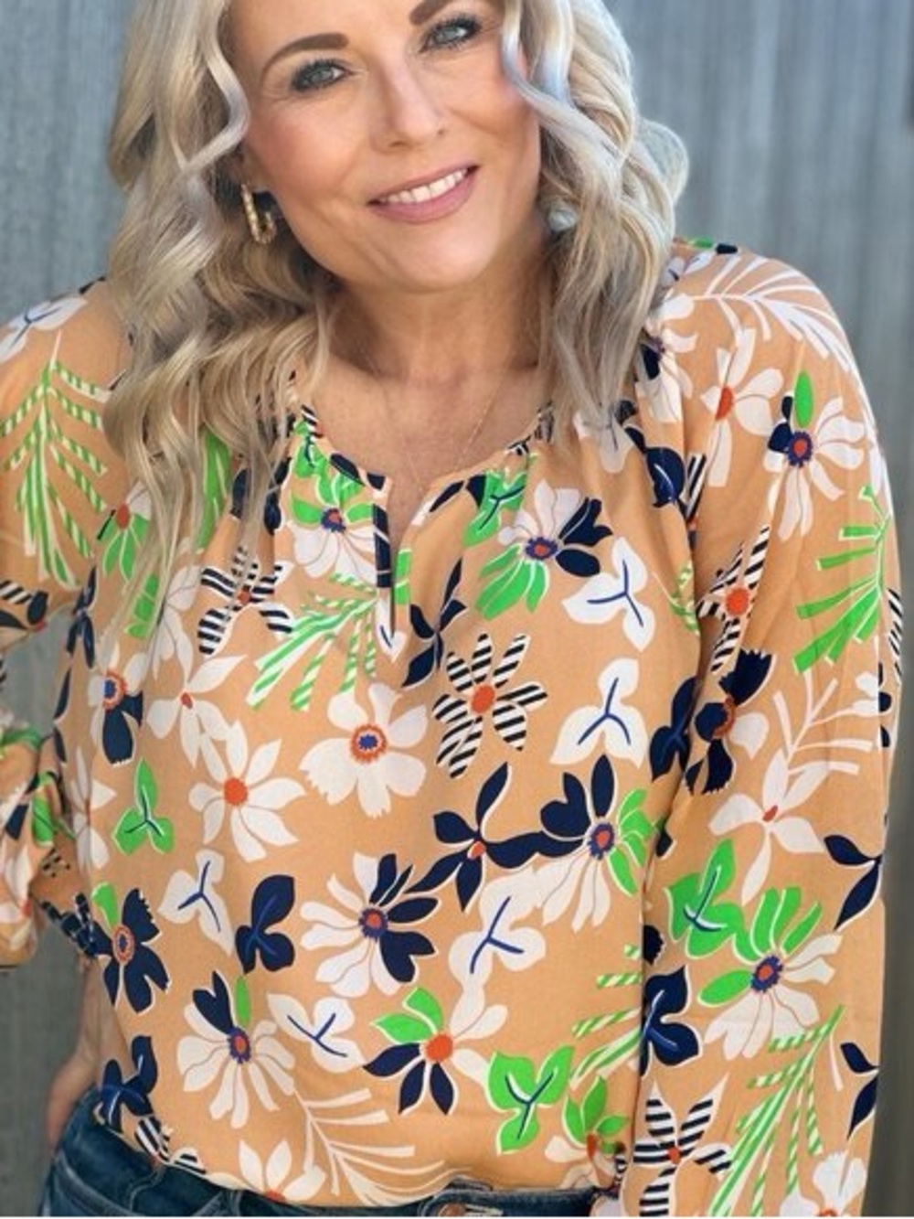 CAbi Peach Floral V-Neck Blouse with Navy, White & Green Accents
